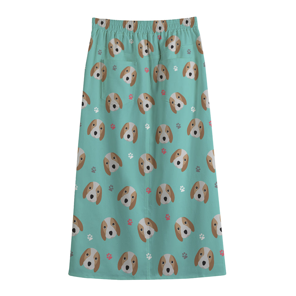 Adorable Beagle Puppy Pattern Print Cotton Front Slit Maxi Skirt