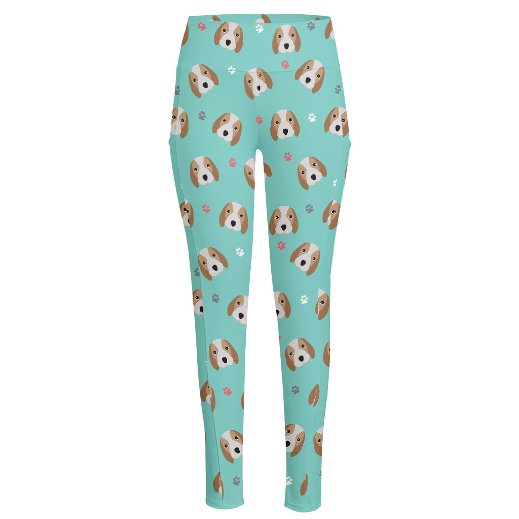 Adorable Beagle Puppy Pattern Print High-Waisted Pocket Leggings