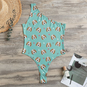 Adorable Beagle Puppy Pattern Print One Shoulder Bodysuit