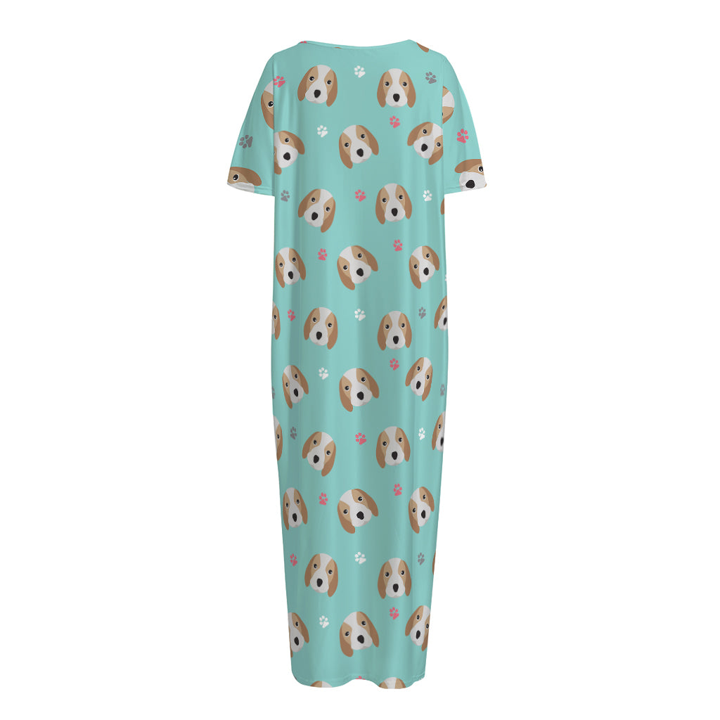 Adorable Beagle Puppy Pattern Print Short Sleeve Long Nightdress