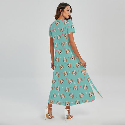 Adorable Beagle Puppy Pattern Print Short Sleeve Maxi Dress