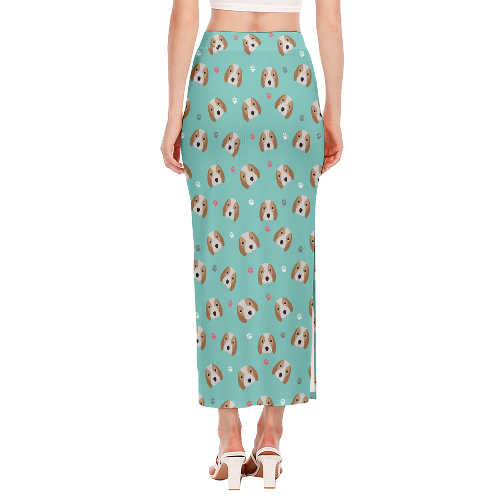 Adorable Beagle Puppy Pattern Print Side Slit Maxi Skirt