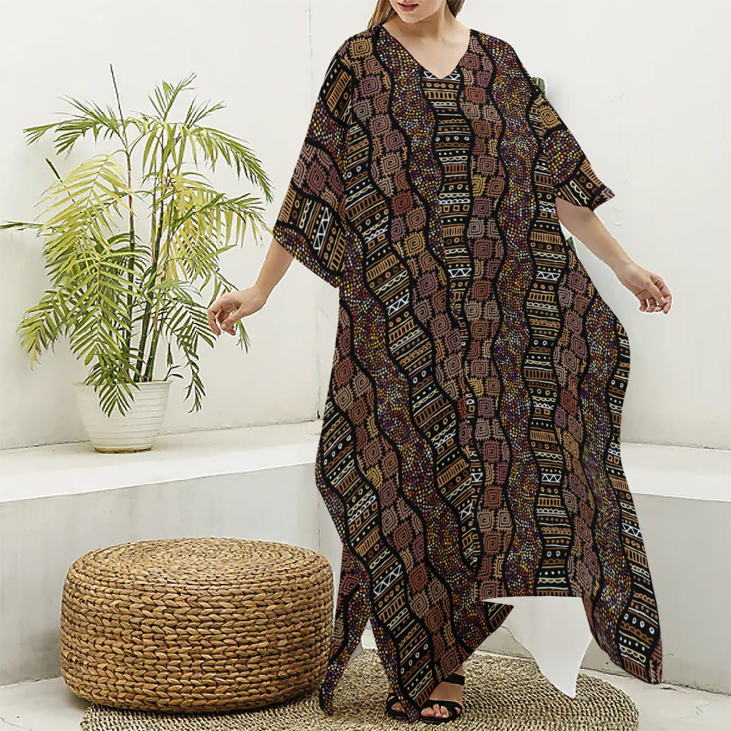 African Afro Inspired Pattern Print Silk V-Neck Kaftan Dress