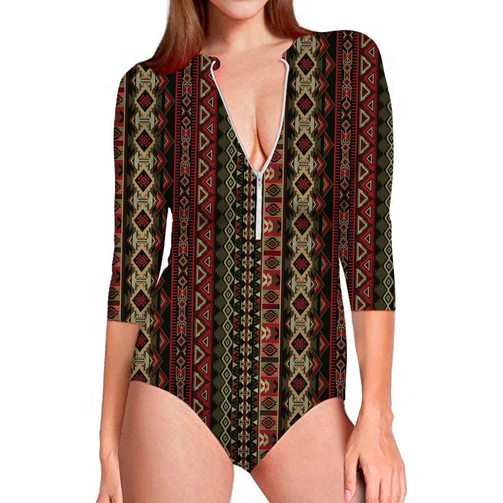 African Ethnic Pattern Print Long Sleeve Swimsuit