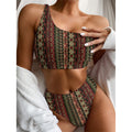 African Ethnic Pattern Print One Shoulder Bikini Set