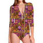 African Ethnic Tribal Inspired Print Long Sleeve Swimsuit