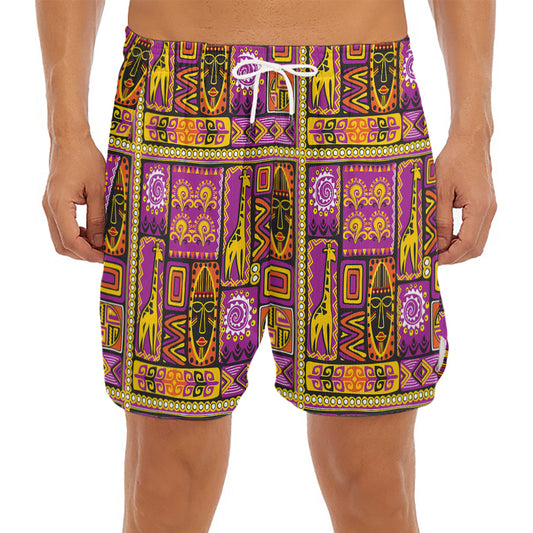 African Ethnic Tribal Inspired Print Men's Split Running Shorts