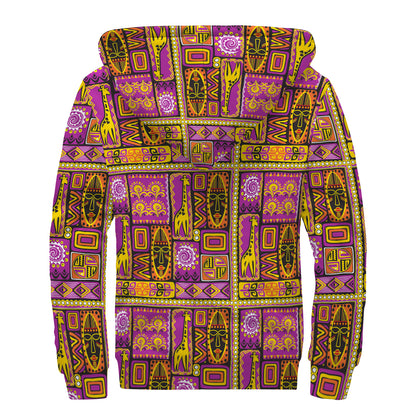 African Ethnic Tribal Inspired Print Sherpa Lined Zip Up Hoodie