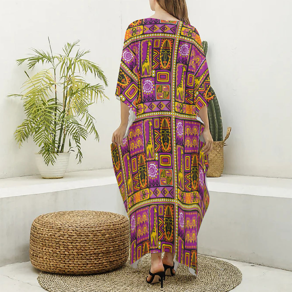 African Ethnic Tribal Inspired Print Silk V-Neck Kaftan Dress