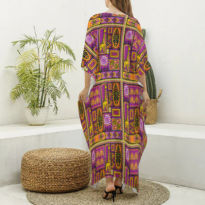 African Ethnic Tribal Inspired Print Silk V-Neck Kaftan Dress