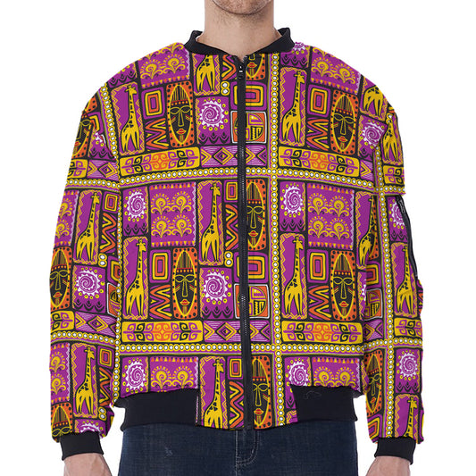 African Ethnic Tribal Inspired Print Zip Sleeve Bomber Jacket