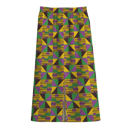 African Kente Pattern Print Cotton Front Slit Maxi Skirt