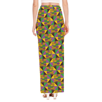 African Kente Pattern Print High Slit Maxi Skirt