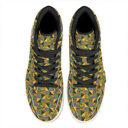 African Kente Pattern Print High Top Leather Sneakers