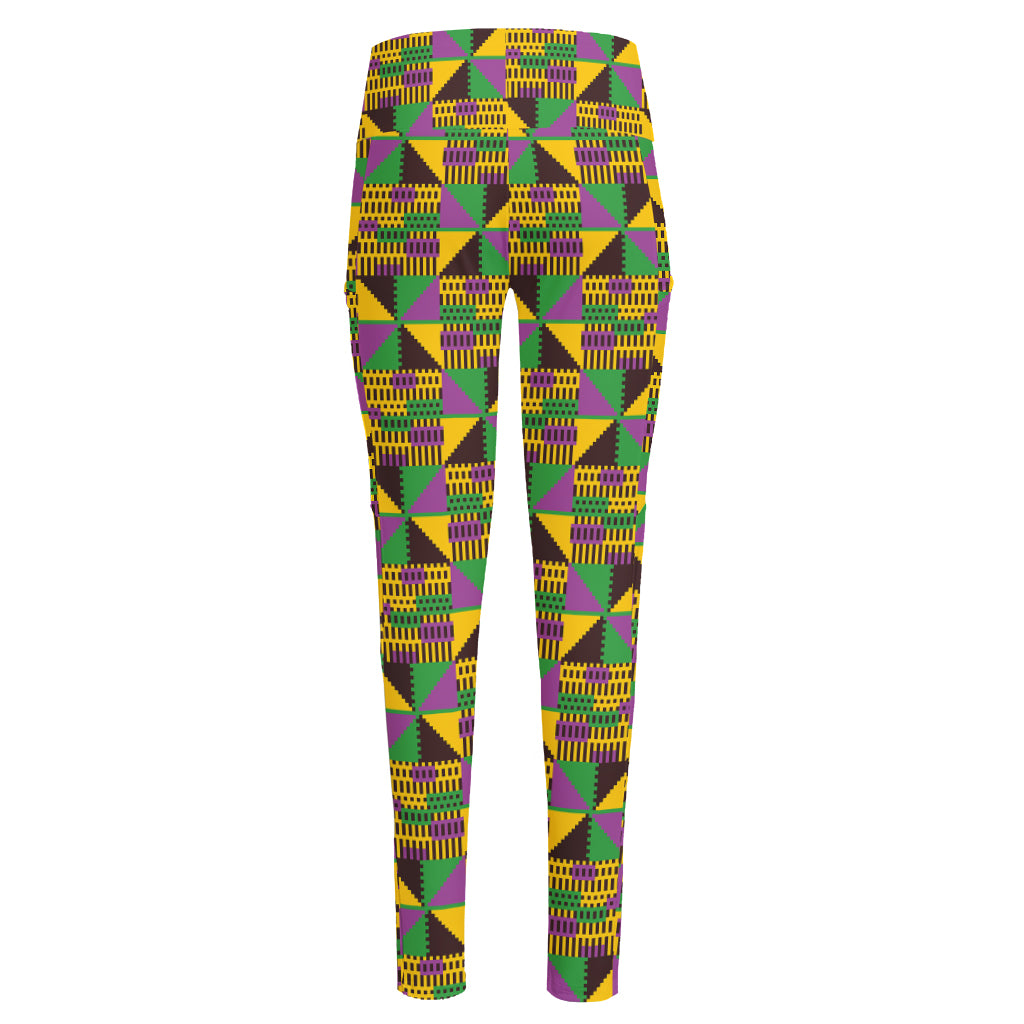 African Kente Pattern Print High-Waisted Pocket Leggings