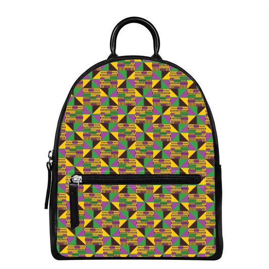 African Kente Pattern Print Leather Backpack