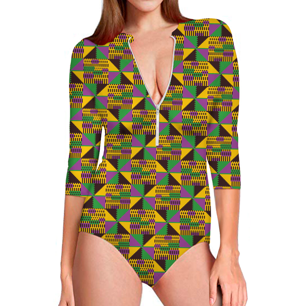 African Kente Pattern Print Long Sleeve Swimsuit