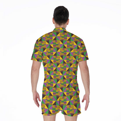 African Kente Pattern Print Men's Rompers