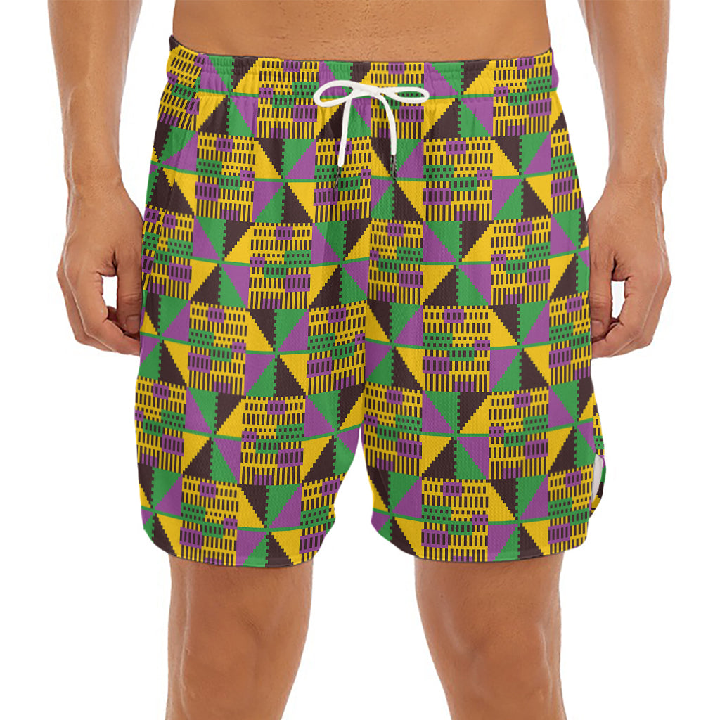 African Kente Pattern Print Men's Split Running Shorts