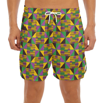 African Kente Pattern Print Men's Split Running Shorts