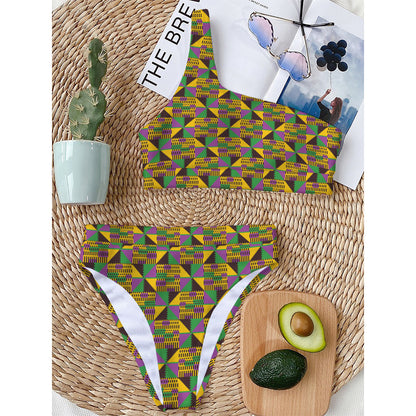 African Kente Pattern Print One Shoulder Bikini Top