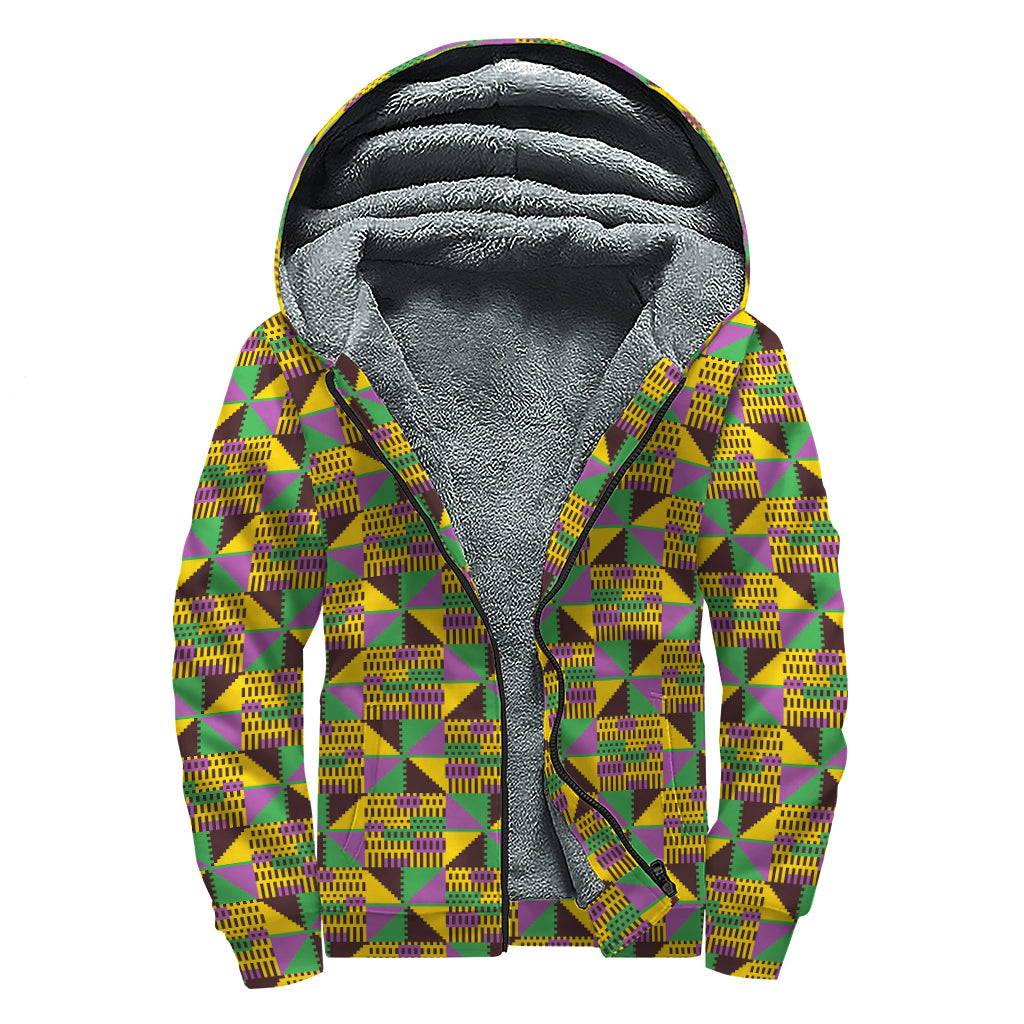 African Kente Pattern Print Sherpa Lined Zip Up Hoodie