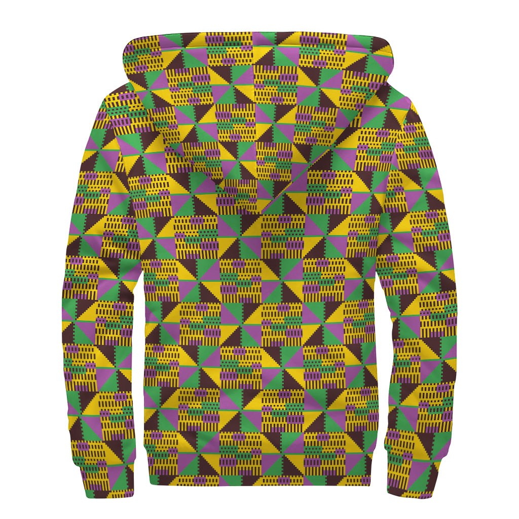 African Kente Pattern Print Sherpa Lined Zip Up Hoodie