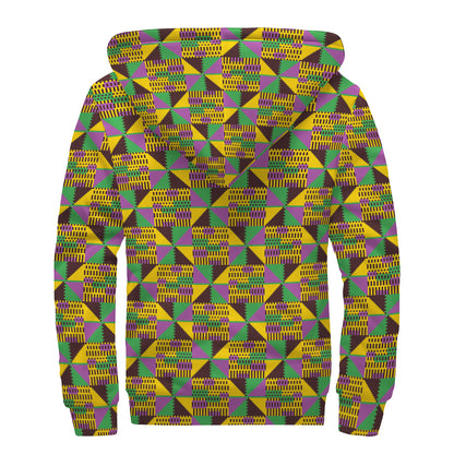 African Kente Pattern Print Sherpa Lined Zip Up Hoodie