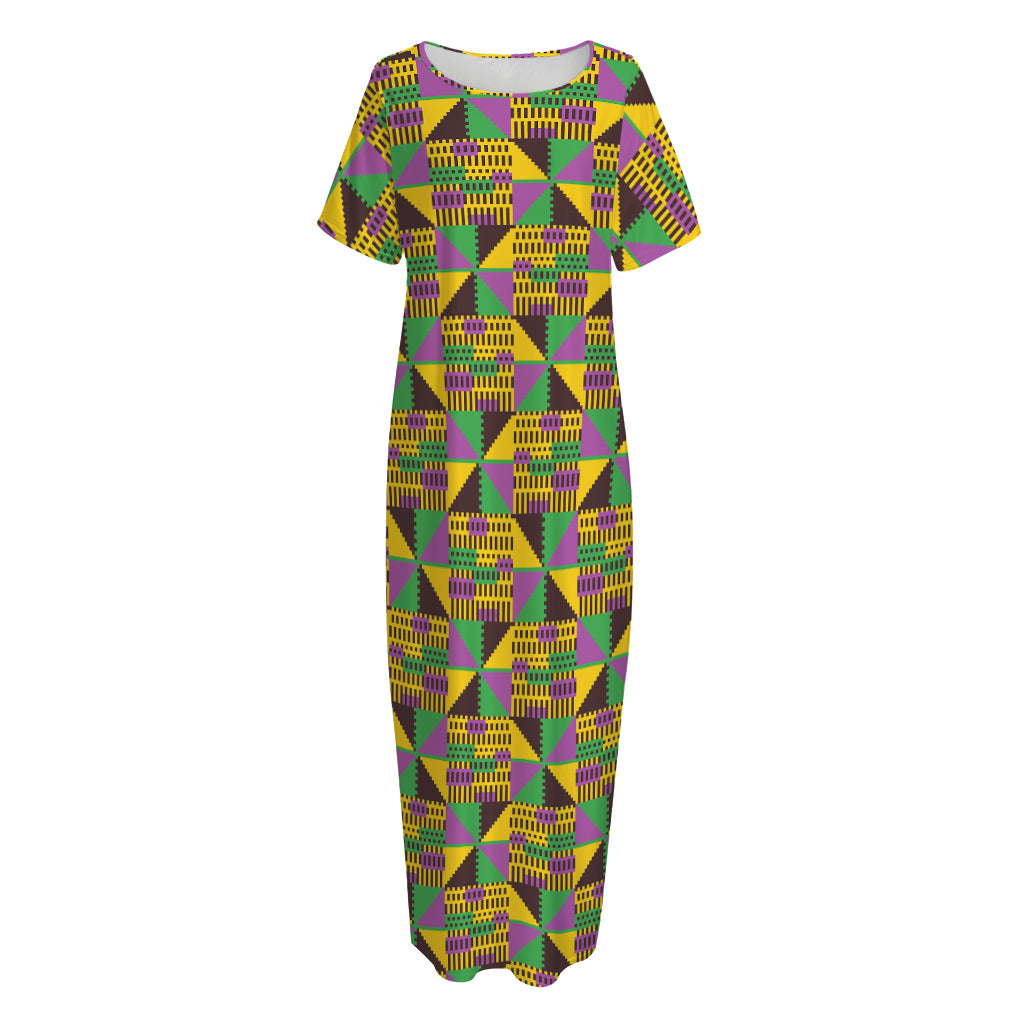 African Kente Pattern Print Short Sleeve Long Nightdress