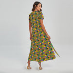 African Kente Pattern Print Short Sleeve Maxi Dress