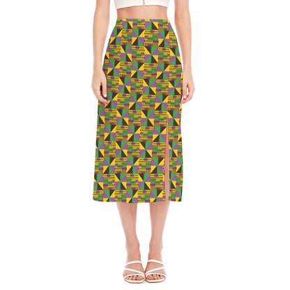 African Kente Pattern Print Side Slit Midi Skirt