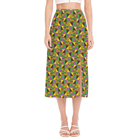 African Kente Pattern Print Side Slit Midi Skirt