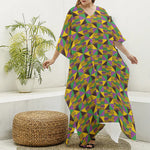 African Kente Pattern Print Silk V-Neck Kaftan Dress