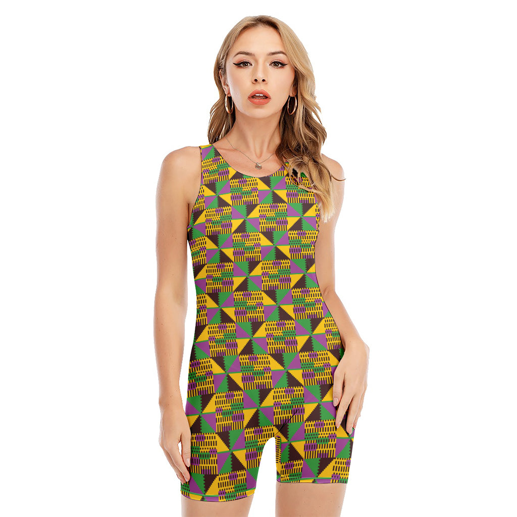 African Kente Pattern Print Sleeveless One Piece Swimsuit