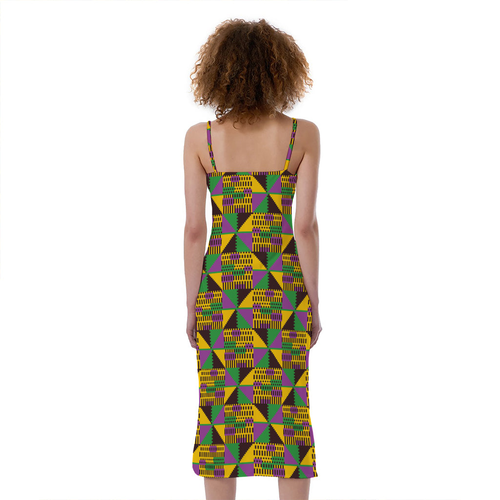 African Kente Pattern Print Slim Fit Midi Cami Dress