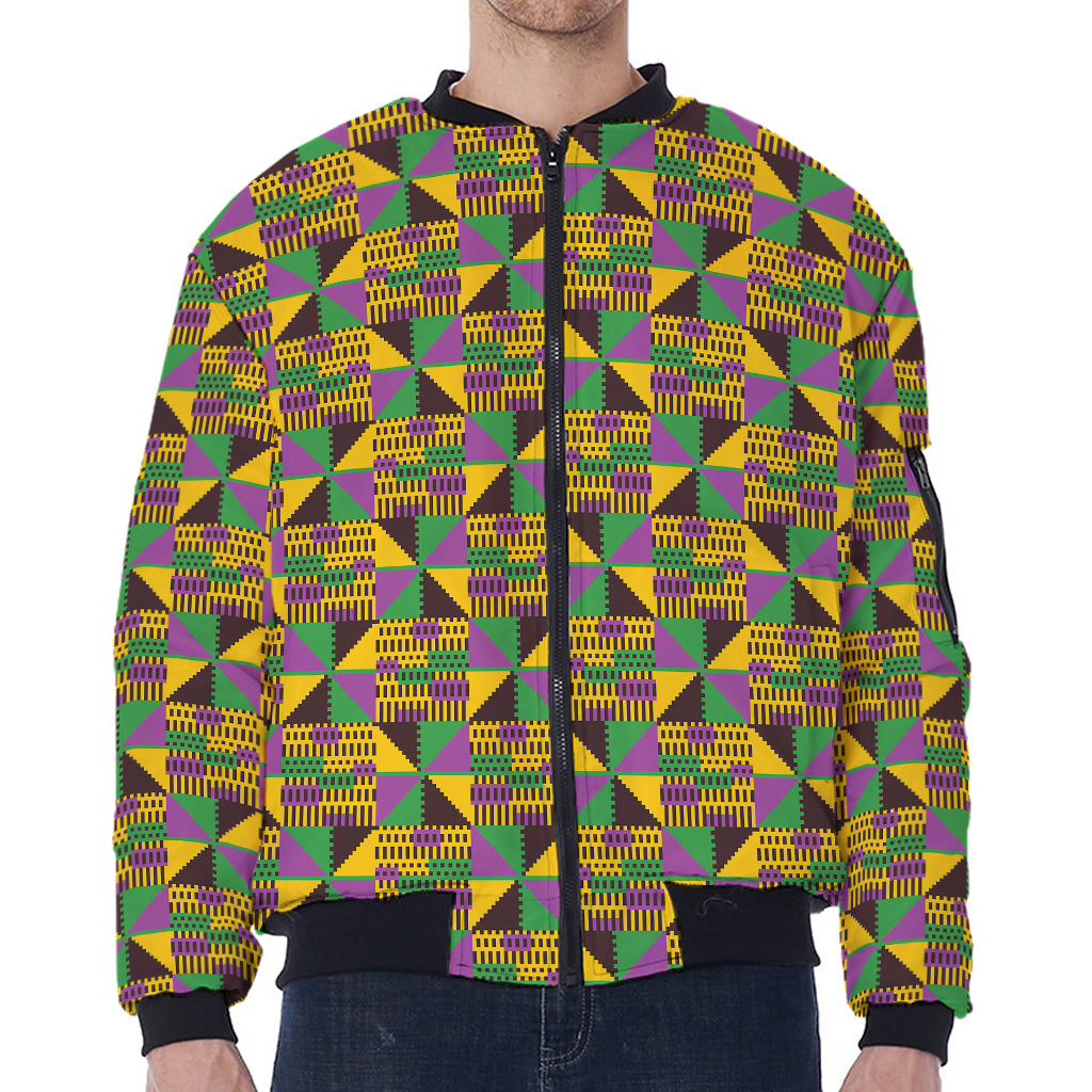 African Kente Pattern Print Zip Sleeve Bomber Jacket