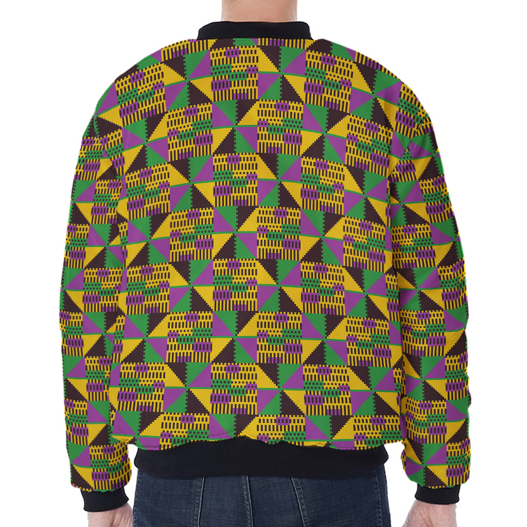 African Kente Pattern Print Zip Sleeve Bomber Jacket
