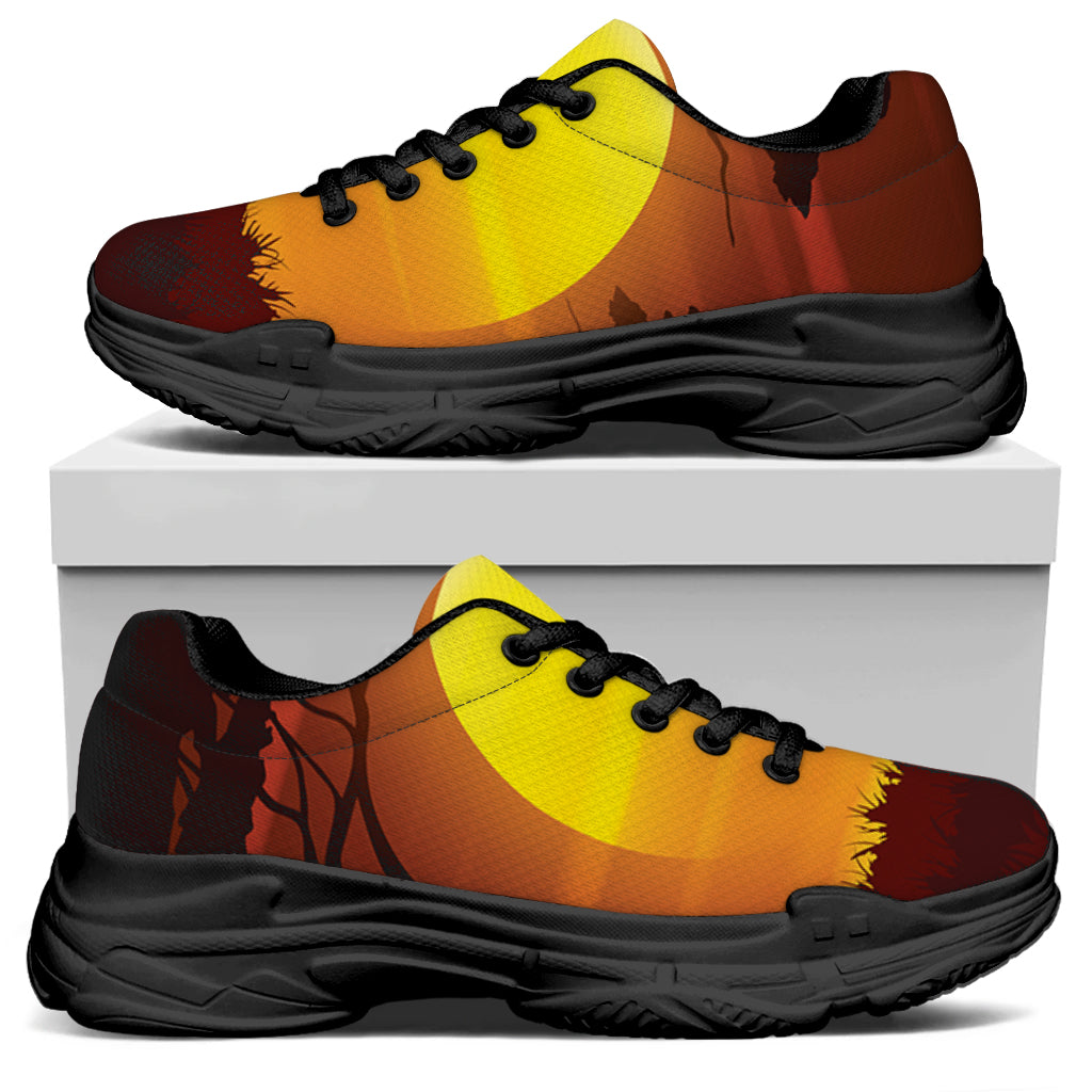 African Savanna Sunset Print Black Chunky Shoes