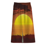 African Savanna Sunset Print Cotton Front Slit Maxi Skirt