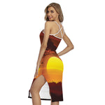 African Savanna Sunset Print Cross Back Cami Dress