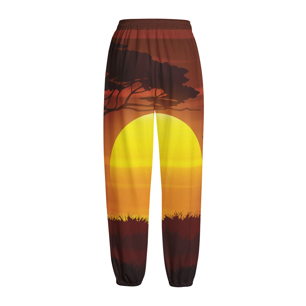 African Savanna Sunset Print Fleece Lined Knit Pants