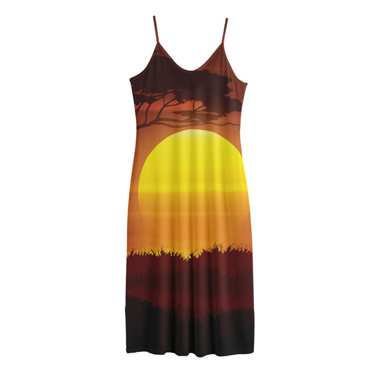 African Savanna Sunset Print Jersey Midi Cami Dress