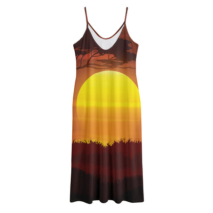 African Savanna Sunset Print Jersey Midi Cami Dress