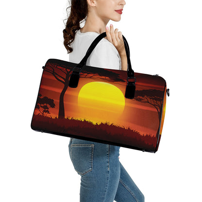 African Savanna Sunset Print Leather Duffle Bag