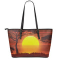 African Savanna Sunset Print Leather Tote Bag With Zipper