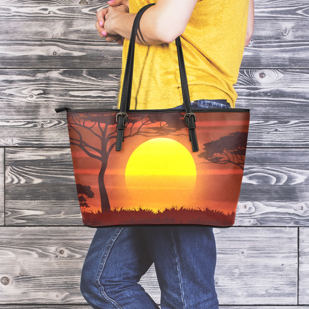 African Savanna Sunset Print Leather Tote Bag