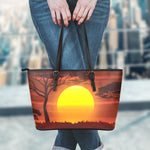 African Savanna Sunset Print Leather Tote Bag