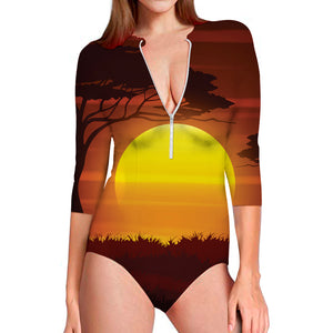 African Savanna Sunset Print Long Sleeve Swimsuit