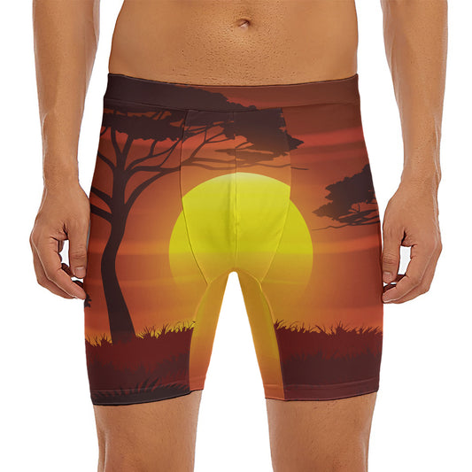 African Savanna Sunset Print Men's Long Boxer Briefs