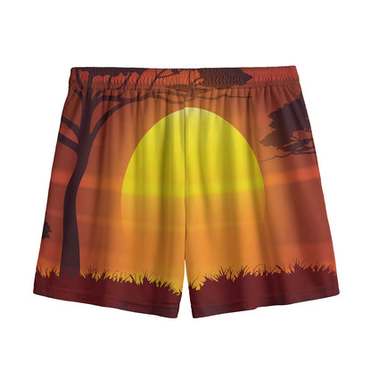African Savanna Sunset Print Mesh Shorts
